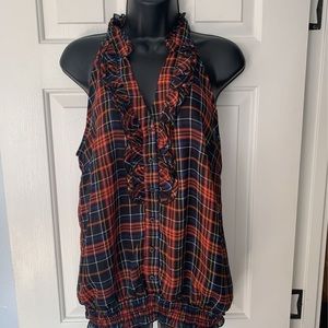 Cato Womens Red Plaid Sleeveless Top Notch Neck Smocked Hem Button Ruffle L